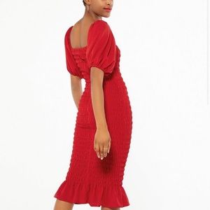 Red shirred puff sleeve midi dress